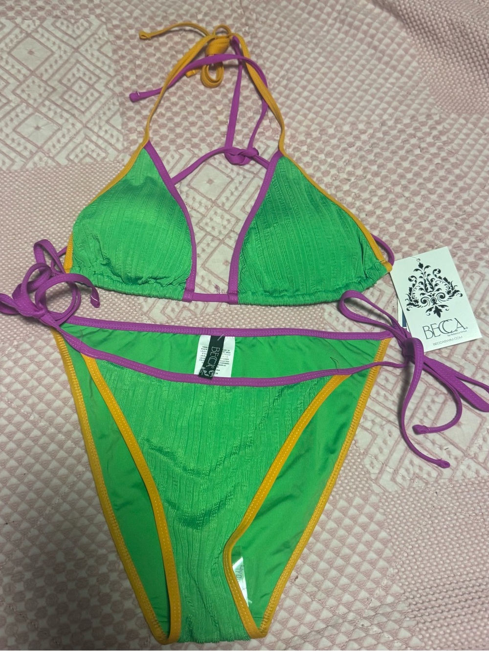 BECCA Green Triangle Bikini with Purple and Yellow Trim